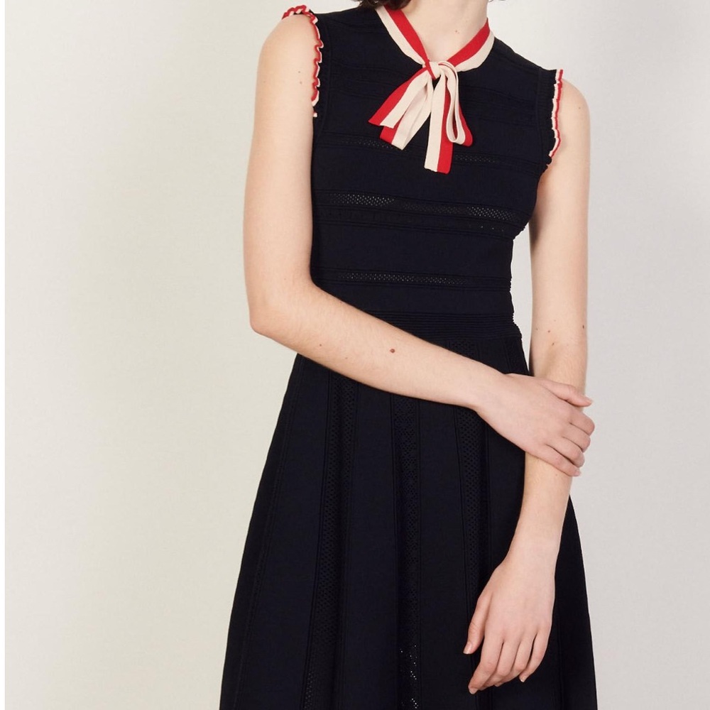 Sandro Black Midi Dress with Red and Cream Details